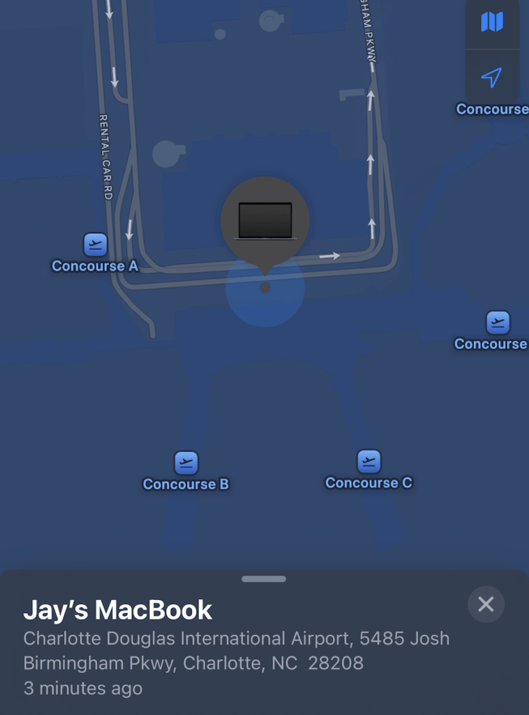 A location map for a travel blog shows Jay’s MacBook at Charlotte Douglas International Airport near Concourse A, highlighting airport concourses and a recent update time of 3 minutes ago—ideal for tracking meaningful travel experiences.